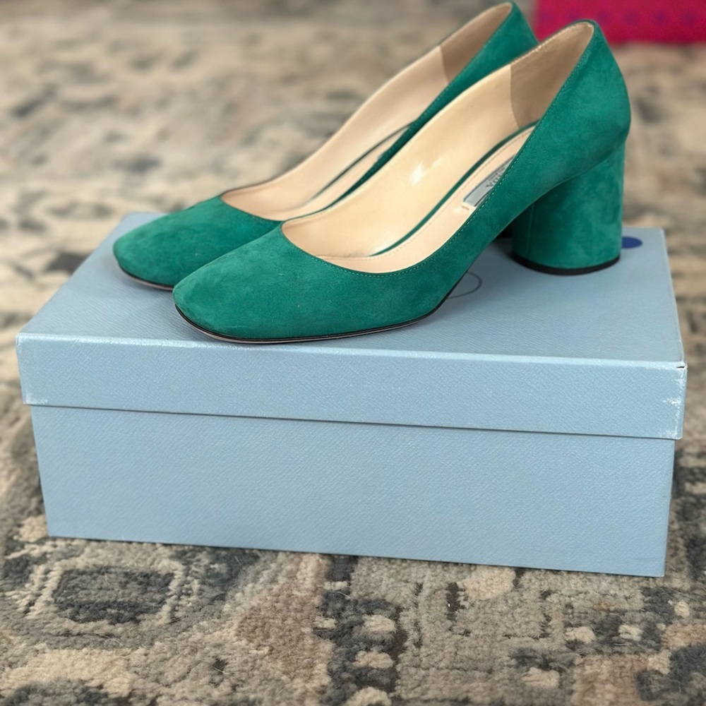 Prada Teal Suede Block Heel Pumps